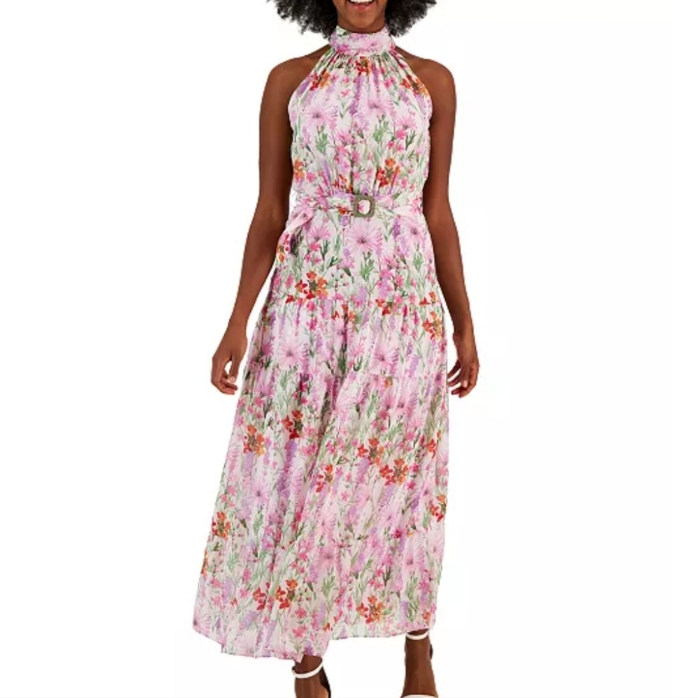 Taylor Printed Chiffon Sleeveless Buckle-Waist Tiered Maxi Dress Pink Size 14
